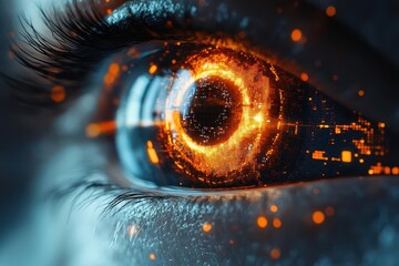 a detailed facial recognition interface scanning an eye showcasing intricate patterns and pixelation with a futuristic and techinspired aesthetic