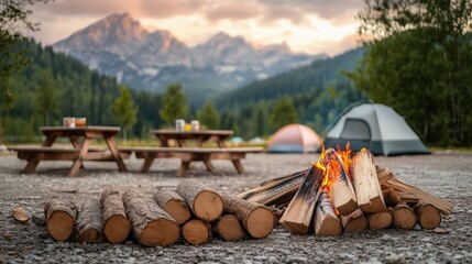 Campfire under mountain sunset with tents and picnic tables in wilderness setting