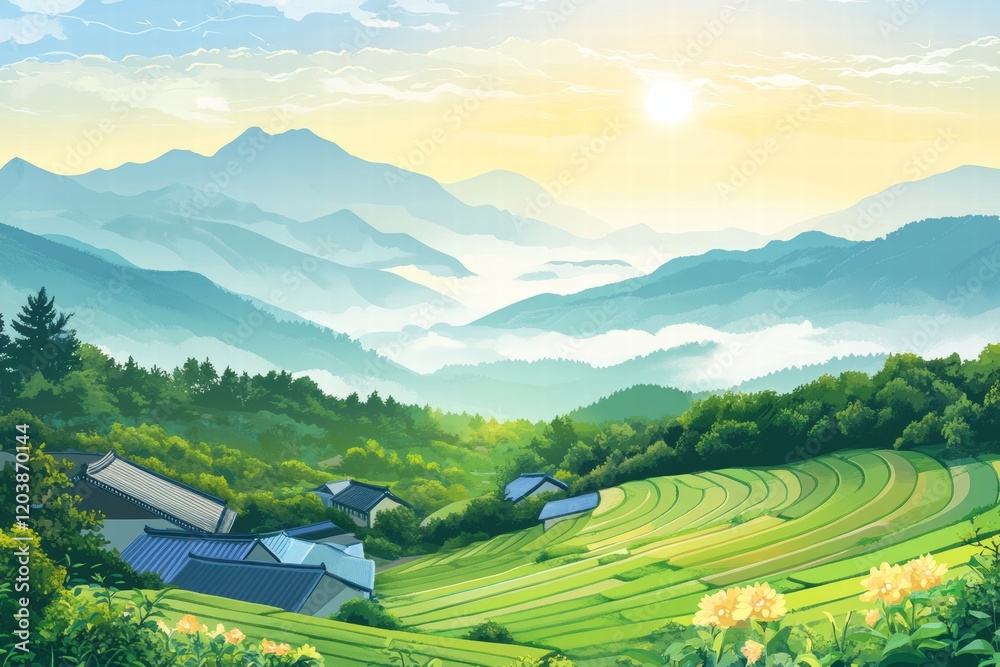 Poster Serene mountain landscape with terraced fields and distant peaks under morning sun in tranquil setting. Generative AI