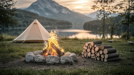 Campfire illuminates serene lake and mountains at twilight with a cozy tent nearby