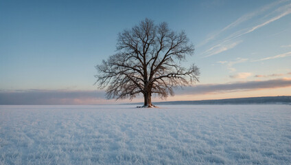 Snow Field with a Single Tree in Winter