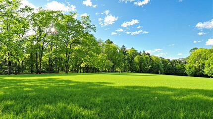 Obraz premium A vibrant park scene with lush green grass, tall trees glistening in sunlight, and a clear blue sky with fluffy clouds. Concept of nature serenity. Ai generative