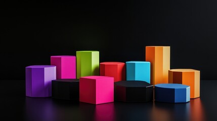 Obraz premium Colorful hexagons product display, dark studio