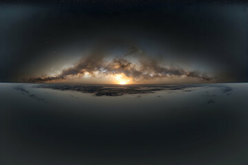 Fototapeta premium Panoramic view of a breathtaking sunset over a serene landscape, with the majestic Milky Way galaxy stretching across the night sky. A captivating celestial display.