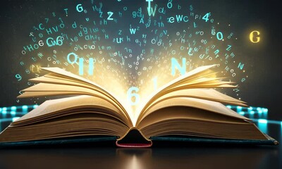 Open book with flying letters and numbers against a dark futuristic background