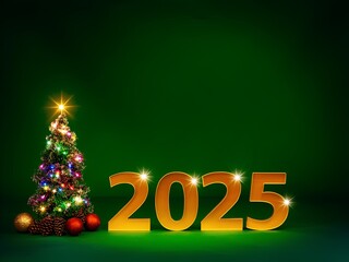 Christmas tree and golden 2025 numbers with lights on green background, copy space