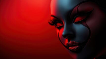 Fototapeta premium A dramatic, surreal close-up of a face with bold red and black makeup, emphasizing elegance, mystery, and emotion in a dark and artistic atmosphere.