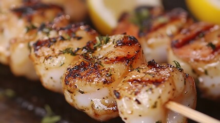 Delicious Juicy grilled shrimp skewers with a squeeze of lemon
