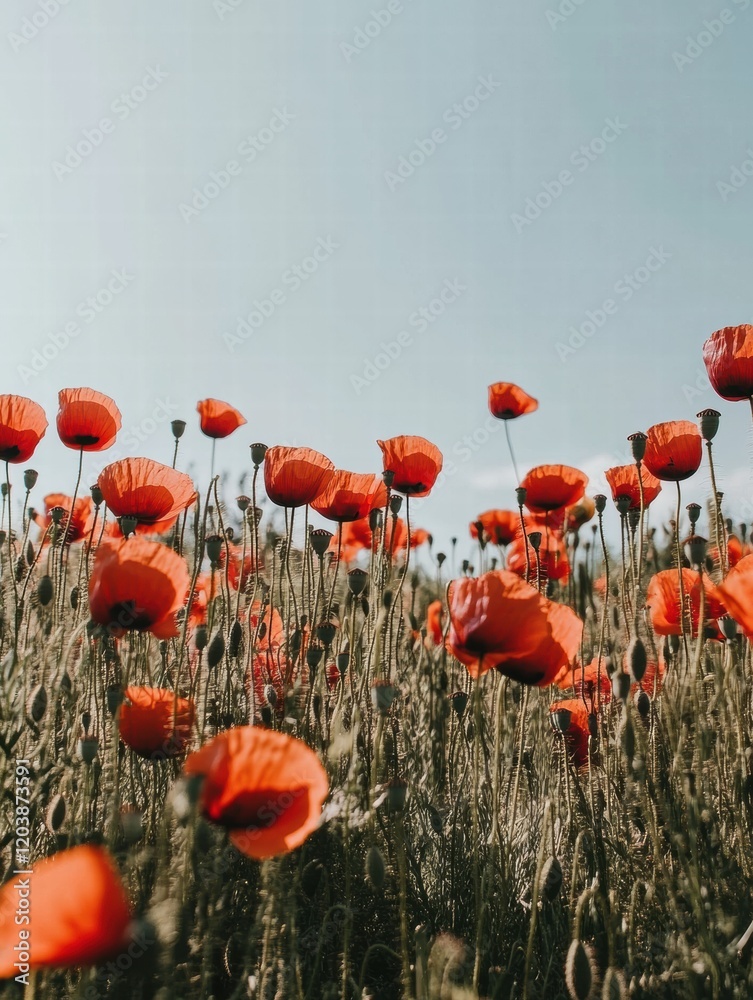 Poster vibrant red poppies sway gently under a clear blue sky in a serene field during midday. generative a