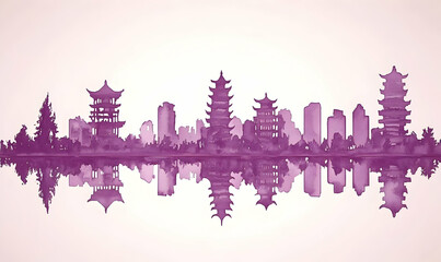Fototapeta premium Purple Asian city skyline reflection, calm