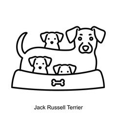 Dog mom with puppies. Breed canine mother laying around her puppies. Jack Russell Terrier. Linear illustration, editable strokes