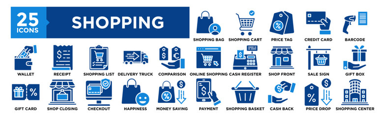 Shopping icon collection set. Containing design, Shopping Bag, Shopping Cart, Price Tag, Credit Card, Barcode Scanner	