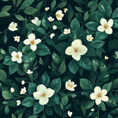 White Flowers Bloom Among Emerald Leaves in a Lush Botanical Garden Seamless Pattern Design
