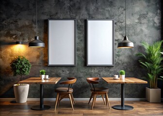 Modern Cafe Interior Mockup: Two Blank Posters on Dark Textured Wall - Aerial View