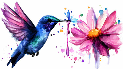 A vibrant watercolor illustration of a hummingbird hovering near a colorful flower, showcasing nature's beauty and intricate details.