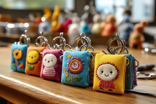 a diy fabric keychain project featuring various handmade keychains with colo