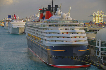 Modern family cruiseship cruise ship liner Magic or Wonder in port of Miami, Florida USA during...