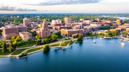 Aerial view of city skyline at sunset, waterfront with boats, parkland, and buildings. Use Travel brochure, city guide