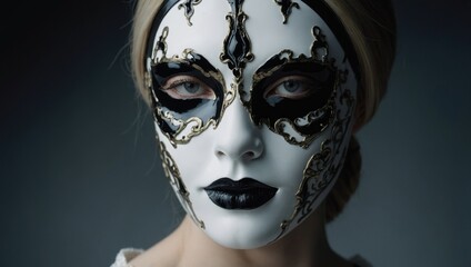 mysterious woman in a white Venetian mask completely covering her face