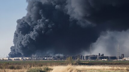 Massive dark smoke billows from industrial site with storage tanks under blue sky