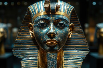 A pharaoh’s mask is displayed against a completely black background.