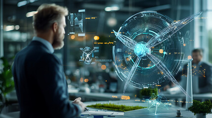 Analyst observing wind farm data with holographic display in office