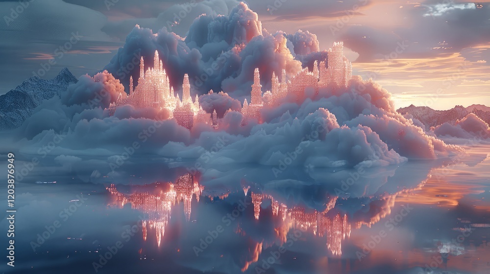 Poster a magical floating castle glowing with crystal towers under a twilight sky.