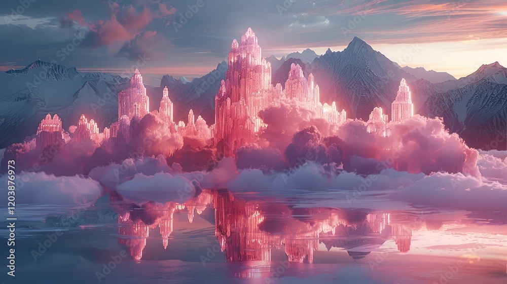 Poster a magical floating castle glowing with crystal towers under a twilight sky.