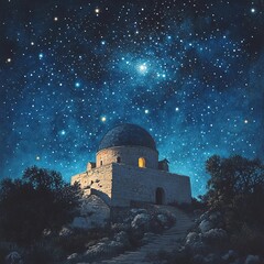 Historic observatory under a starry sky at night in a serene landscape