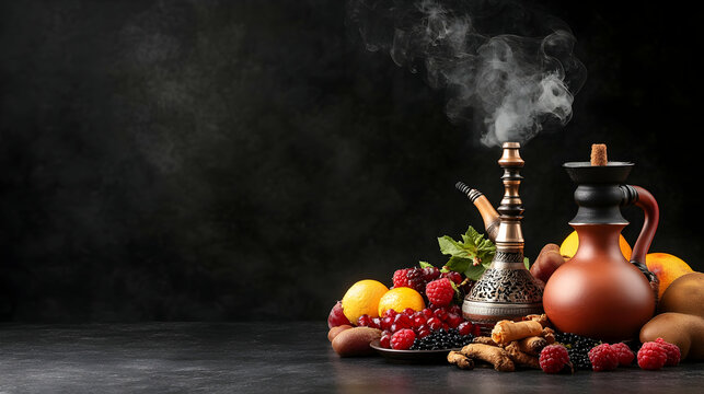 Aromatic hookah with fruit, dark background, steam rising, Middle Eastern setting; perfect for restaurant menus or travel blogs