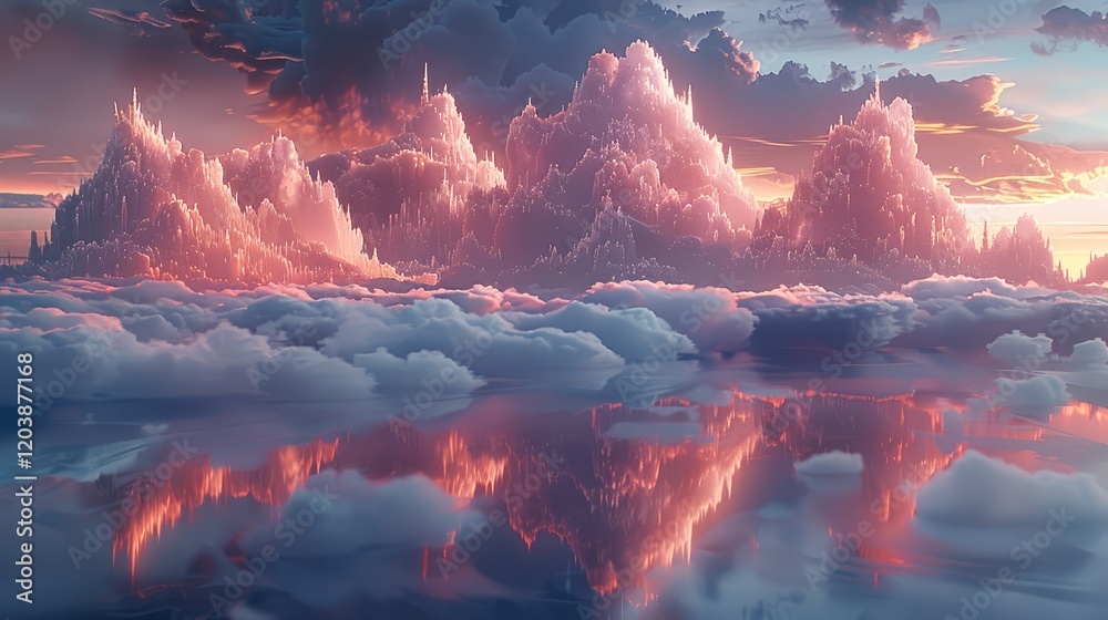 Poster a magical floating castle glowing with crystal towers under a twilight sky.