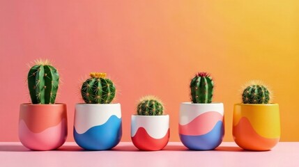 Vibrant cacti in colorful pots arranged on a pink surface against a gradient background