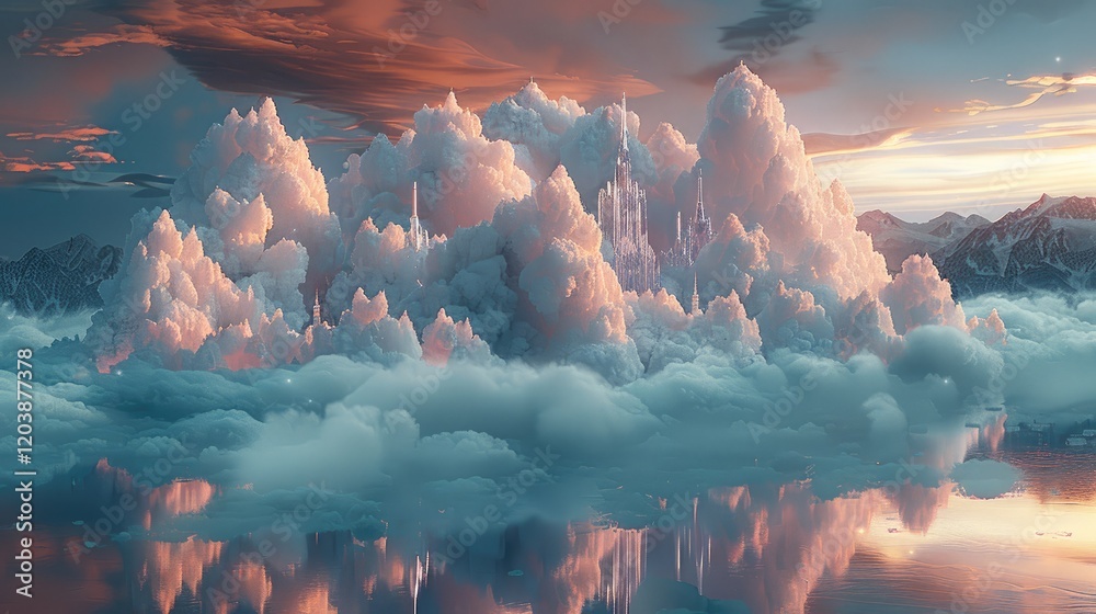 Poster a magical floating castle glowing with crystal towers under a twilight sky.