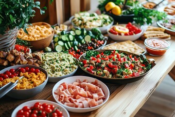 Fototapeta premium Muslim Ramadan Kareem Mubarak Holy Month feast with vibrant dishes on a wooden table.