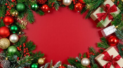 Festive Christmas frame featuring colorful ornaments, fir branches, red berries, and wrapped gifts with bows on a bright red backdrop. Holiday concept. Ai generative