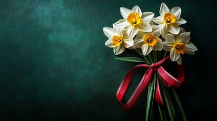 A group of daffodils tied together with a red and green ribbon, symbolizing Welsh unity and pride