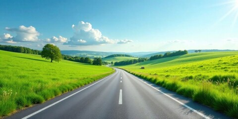 Asphalt road winding through vibrant green rolling hills under a bright summer sky, offering a scenic countryside drive