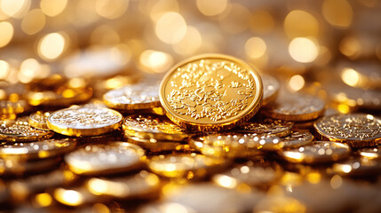 Close-up shot of a heap of shiny gold coins with bokeh background, golden