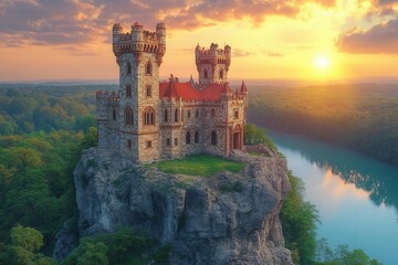 Fototapeta premium a fantastical castle perched on a rugged rock formation amidst a lush forest landscape exuding a sense of wonder and adventure with a serene lake nearby
