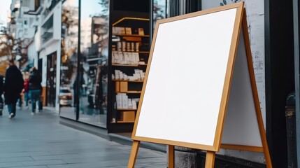 Blank White Sign on Wooden Stand Placed Outside a Storefront on a Busy Street with People Passing By and Modern Urban Environment