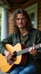 Obraz premium Musician with Long Curly Hair Playing Acoustic Guitar