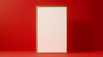 Blank vertical poster mockup against red background; ideal for advertising or design presentations
