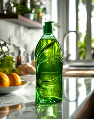 A bottle of  dishwashing detergent   shooted on natural blurry surrounding. A mockup for a design.