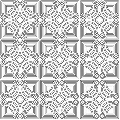 Symmetrical black line art creates a seamless geometric pattern on a white background. Ideal for coloring books, artistic designs, or backgrounds.