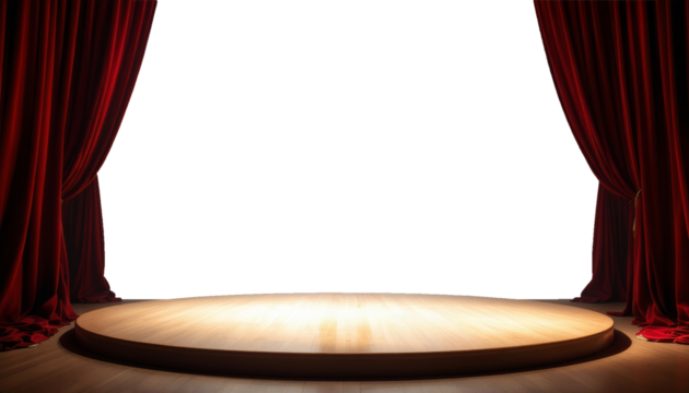 Empty stage with a wooden platform and red velvet curtains