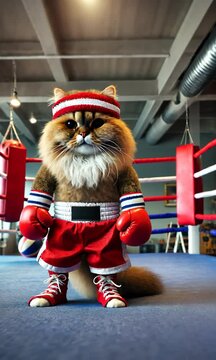 Сat dressed as a boxer in red gear, standing in a boxing ring. Fitness, humor, and competition concept