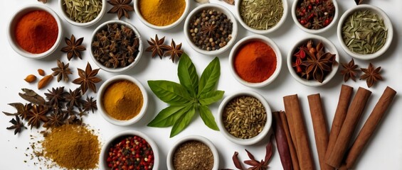 Variety of spices and herbs on kitchen table