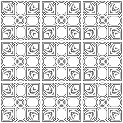 Symmetrical black line art creates a seamless geometric pattern on a white background. Ideal for coloring books, artistic designs, or backgrounds.