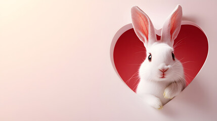 Obraz premium cute rabbit peeking from heart shaped hole, creating playful and charming scene. soft colors and adorable expression evoke feelings of love and joy