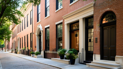 Fototapeta premium Charming brick townhouses line a quiet cobblestone street, lush greenery in foreground, perfect for real estate marketing